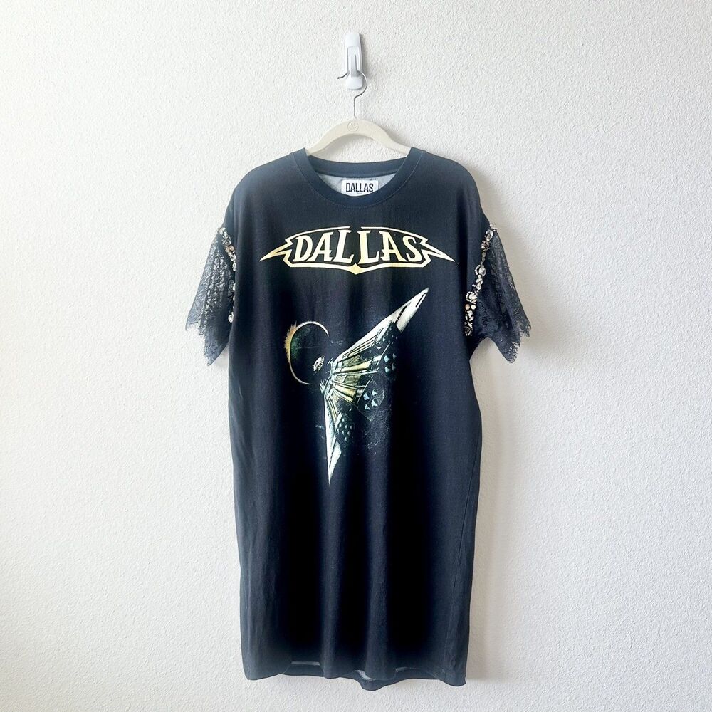 Dallas Paris Boston Band T-Shirt  Dress Embellished Rhinestone Lace Black Small